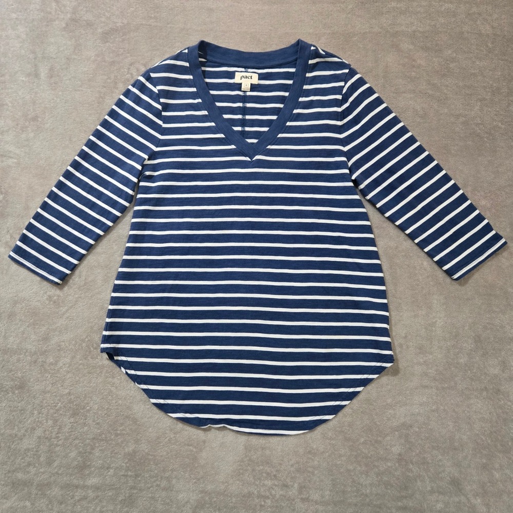 Pact V-Neck Shirt Women Medium Nautical Organic Cotton Coastal Sustainable